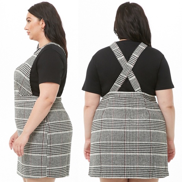 Forever 21 Black White Plaid Plunge V Neck Pinafore Mini Dress 2X NWT - Picture 4 of 14